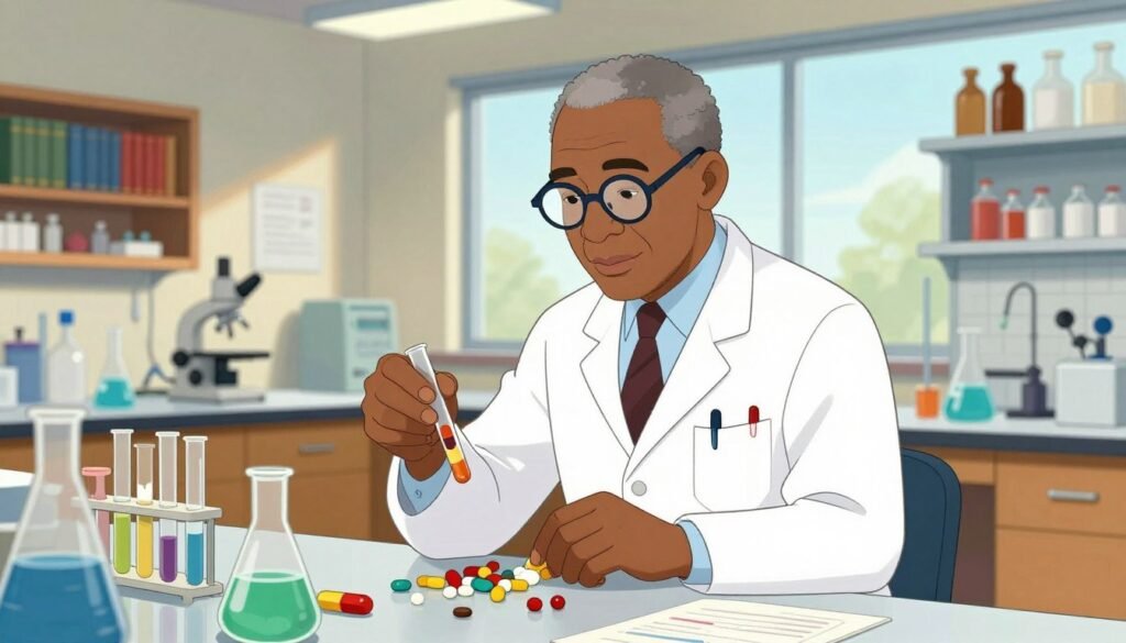 A portrait of Dr. Percy Julian, a distinguished African American chemist, in a modern laboratory setting. He is dressed in a crisp white lab coat, with glasses resting on his nose, deeply focused on a laboratory experiment involving medicinal steroids. The foreground features a table cluttered with test tubes, beakers, and scientific equipment, reflecting his innovative work. The middle showcases Dr. Julian surrounded by shelves filled with books and chemical formulas, symbolizing his vast knowledge. In the background, soft natural light filters through large windows, giving the scene a warm and inviting atmosphere. The image radiates a sense of professionalism and dedication, emphasizing his significant contributions to science. Colorful elements in the lab add vibrancy, creating a friendly and engaging feel. Designed by Debsie.