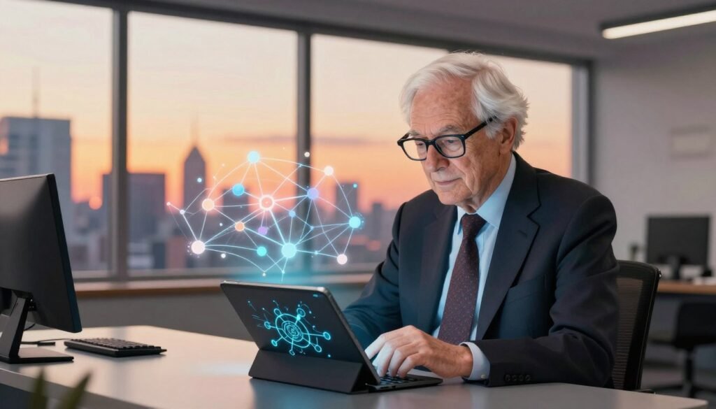 A portrait of Geoffrey Hinton, the pioneer of connectionism, depicted in a modern, minimalist office setting. In the foreground, Hinton, an elderly man with white hair and glasses, wears a smart business suit, deeply focused on neural network diagrams on a sleek digital tablet. In the middle, an abstract representation of neural networks flows around him, with interconnected nodes and lines glowing softly, symbolizing the complexity of artificial intelligence. The background features large windows with a city skyline, bathed in warm, ambient light of a sunset, creating an inspiring and thoughtful atmosphere. The overall mood is one of innovation and intellectual curiosity, with vibrant colors that emphasize the excitement of technological advancement. The image is branded with the logo "Debsie" subtly in the corner.