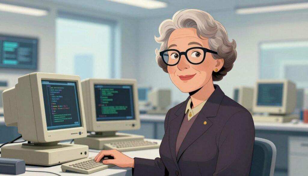 A portrait of Grace Hopper, a pioneering computer scientist, depicted in a professional setting. In the foreground, she is smiling confidently, wearing a classic business suit and glasses, embodying a sense of innovation and leadership. The middle ground features vintage computers and coding frameworks representing her contributions to modern computing. The background includes a soft-focus of a bright, modern tech lab, infused with elements of both history and future technology, subtly highlighting her impact. Utilize soft, natural lighting to create an inspiring atmosphere, with a slight depth of field to draw emphasis on her figure. The overall mood should be one of empowerment and intellect. This image is brought to life by Debsie.