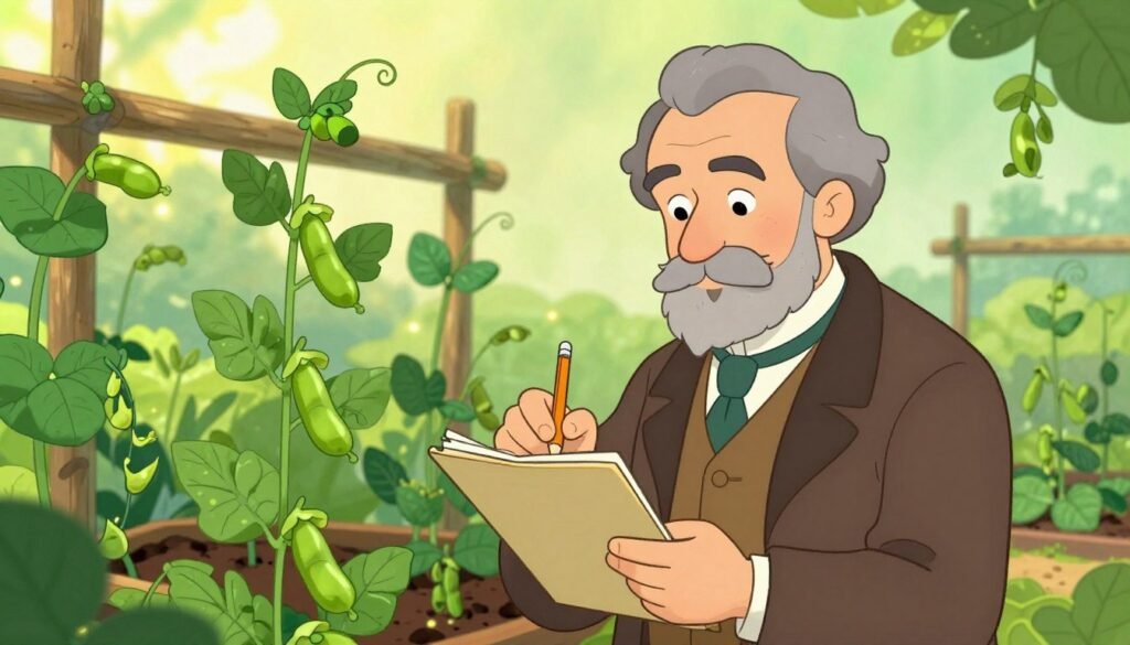 A portrait of Gregor Mendel, the father of genetics, depicted as a middle-aged man in modest, professional clothing, standing amidst a lush garden filled with pea plants, symbolizing his groundbreaking experiments. In the foreground, Mendel holds a notepad and a pencil, deeply focused on his observations. The middle background features trellises with green pea vines, showcasing various stages of growth. Soft sunlight filters through the leaves, creating a warm and inviting atmosphere. The scene captures a sense of curiosity and discovery, emphasizing Mendel's contributions to the laws of inheritance. The image is bright, colorful, and friendly, suitable for an educational article, infused with the essence of nature and scientific exploration. Debsie A portrait of Gregor Mendel, the father of genetics, depicted as a middle-aged man in modest, professional clothing, standing amidst a lush garden filled with pea plants, symbolizing his groundbreaking experiments. In the foreground, Mendel holds a notepad and a pencil, deeply focused on his observations. The middle background features trellises with green pea vines, showcasing various stages of growth. Soft sunlight filters through the leaves, creating a warm and inviting atmosphere. The scene captures a sense of curiosity and discovery, emphasizing Mendel's contributions to the laws of inheritance. The image is bright, colorful, and friendly, suitable for an educational article, infused with the essence of nature and scientific exploration. Debsie