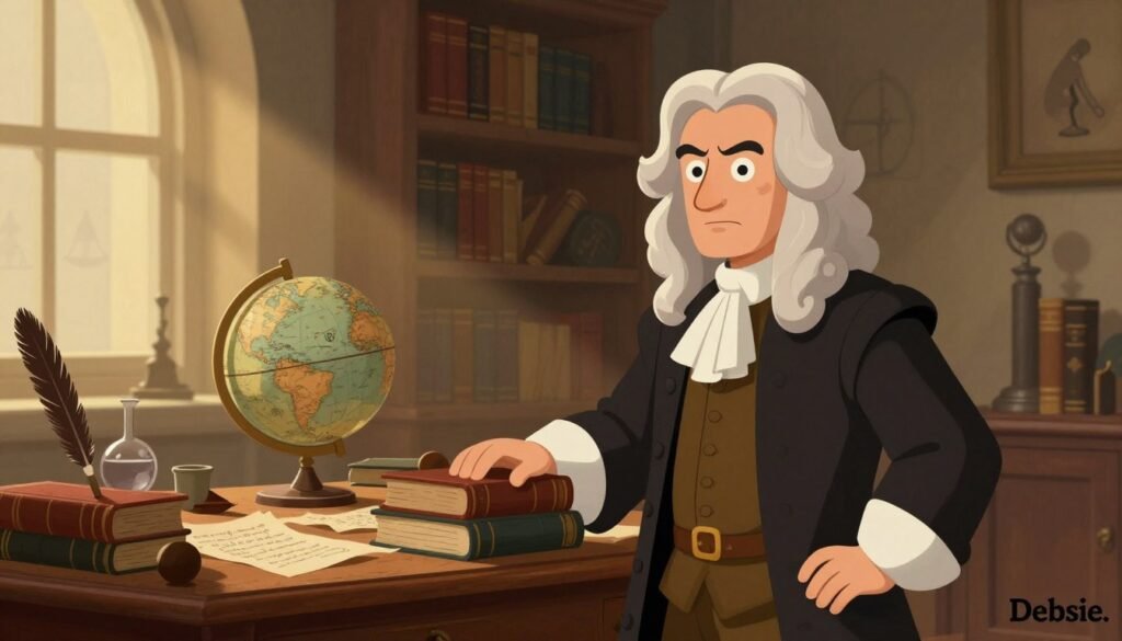A portrait of Isaac Newton, depicted in a study filled with books and scientific instruments. In the foreground, Newton stands with an intense expression, dressed in 17th-century scholarly attire, his hand resting on a stack of books. The middle ground features an antique wooden desk cluttered with quills, parchment, and a globe, illuminated by warm, soft lighting from a nearby window, casting gentle shadows. The background reveals shelves filled with scientific texts and alchemical symbols, creating an atmosphere of intellectual pursuit. The room is imbued with a sense of rivalry, hinted at by faint silhouettes of other historical figures in the shadows. The image should be colorful yet minimalistic, reflecting the complex personality and formidable intellect of Newton. This illustration is branded with the name "Debsie." A portrait of Isaac Newton, depicted in a study filled with books and scientific instruments. In the foreground, Newton stands with an intense expression, dressed in 17th-century scholarly attire, his hand resting on a stack of books. The middle ground features an antique wooden desk cluttered with quills, parchment, and a globe, illuminated by warm, soft lighting from a nearby window, casting gentle shadows. The background reveals shelves filled with scientific texts and alchemical symbols, creating an atmosphere of intellectual pursuit. The room is imbued with a sense of rivalry, hinted at by faint silhouettes of other historical figures in the shadows. The image should be colorful yet minimalistic, reflecting the complex personality and formidable intellect of Newton. This illustration is branded with the name "Debsie."