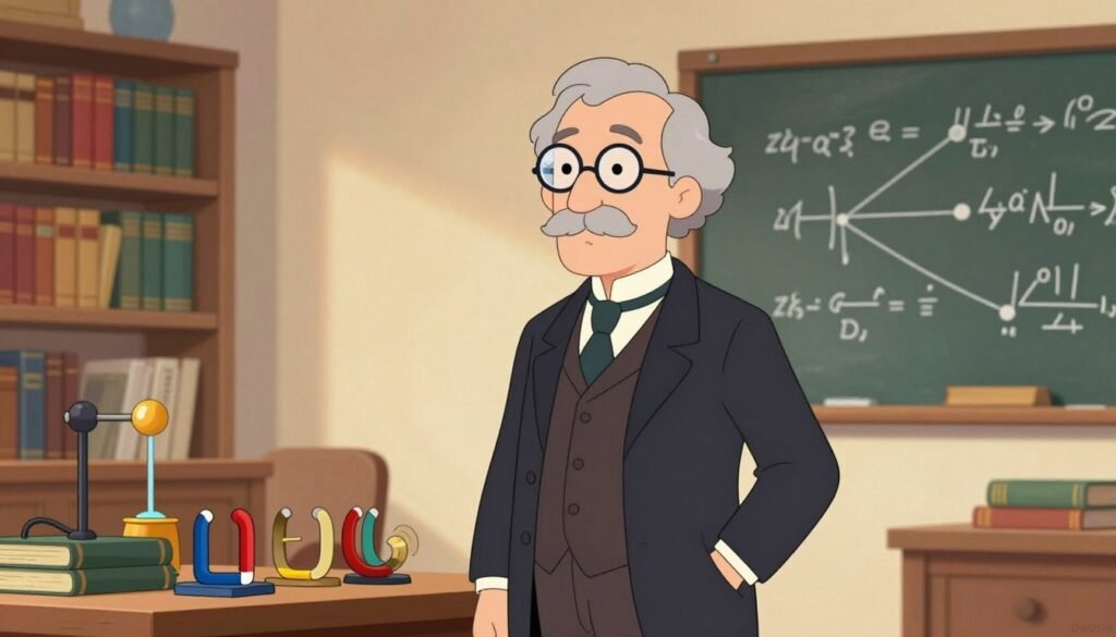 A portrait of James Clerk Maxwell, a distinguished 19th-century scientist, showcasing him in a professional business suit with a waistcoat and round spectacles. He stands confidently in a scholarly office, surrounded by books and scientific instruments symbolizing electromagnetism, such as coils and magnets. The warm, soft lighting highlights his thoughtful expression, portraying him as an inquisitive mind. The background features shelves lined with historical scientific texts, and a chalkboard with complex equations related to electromagnetism. The atmosphere is one of intellectual curiosity and innovation, capturing the essence of his groundbreaking contributions. The image is colorful and friendly, with a minimalistic composition to keep the focus on Maxwell. The brand name "Debsie" subtly integrated into the design.