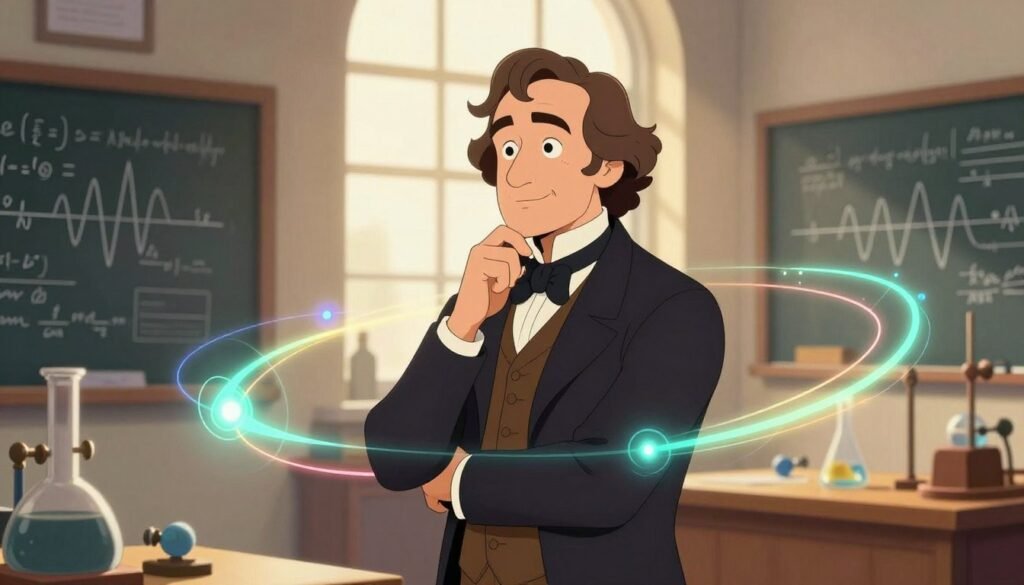 A portrait of James Clerk Maxwell, dressed in a 19th-century suit, stands thoughtfully in a laboratory filled with scientific instruments. In the foreground, delicate electromagnetic field lines are illustrated in glowing colors, swirling around him to represent his unifying theories. The middle ground features chalkboards filled with equation scribbles and sketches of electromagnetic waves and light. In the background, a large window lets in soft, natural light, creating a warm, inviting atmosphere with subtle shadows. The overall mood is one of curiosity and intellectual discovery, embodying Maxwell's legacy. The scene is bright and colorful, reminiscent of a vibrant scientific renaissance. High-quality, well-detailed with a focus on Maxwell's expressions. Camera angle should be slightly low to give him an imposing presence. No text or signatures present. Created by Debsie.