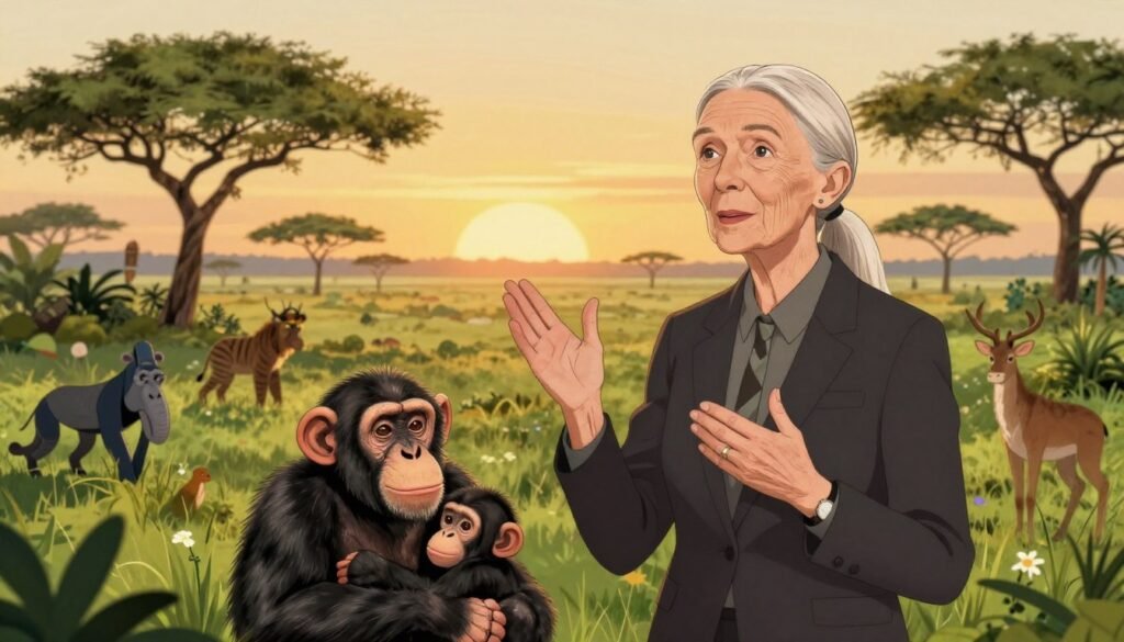 A portrait of Jane Goodall, elegantly dressed in professional attire, passionately advocating for animal welfare. In the foreground, she is surrounded by compassionate symbols like a gentle chimpanzee embracing its young. In the middle ground, lush greenery represents her dedication to the environment, with diverse wildlife peacefully coexisting. The background features a serene savanna under a warm, golden sunset, casting a soft light, highlighting the harmony between animals and nature. The mood is inspiring and hopeful, conveying a strong sense of ethics and responsibility towards animal welfare. Capture this scene with a slightly elevated angle, giving a sense of grandeur and importance to the subject. The overall composition is colorful and friendly, reflecting her impactful legacy. Brand name "Debsie". A portrait of Jane Goodall, elegantly dressed in professional attire, passionately advocating for animal welfare. In the foreground, she is surrounded by compassionate symbols like a gentle chimpanzee embracing its young. In the middle ground, lush greenery represents her dedication to the environment, with diverse wildlife peacefully coexisting. The background features a serene savanna under a warm, golden sunset, casting a soft light, highlighting the harmony between animals and nature. The mood is inspiring and hopeful, conveying a strong sense of ethics and responsibility towards animal welfare. Capture this scene with a slightly elevated angle, giving a sense of grandeur and importance to the subject. The overall composition is colorful and friendly, reflecting her impactful legacy. Brand name "Debsie".