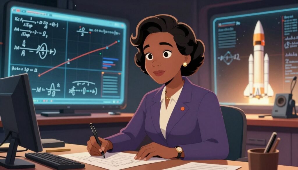 A portrait of Katherine Johnson, the pioneering African American mathematician, set in an inspiring atmosphere reflecting her contributions to space exploration. She is depicted in professional business attire, confidently working at a desk filled with mathematical formulas and calculations, radiating intelligence and determination. In the foreground, a focused expression shows her deeply engaged in her work. The middle ground features large, clear screens displaying complex equations and rocket trajectories, symbolizing her groundbreaking work at NASA. The background includes a softly glowing image of a spacecraft, all under warm, inviting lighting that highlights her achievements. The overall mood is empowering and celebratory, showcasing the brilliance and resilience of a trailblazing scientist. --v 5 --ar 16:9 --q 2 --style 4a --colorful --minimal --brand Debsie