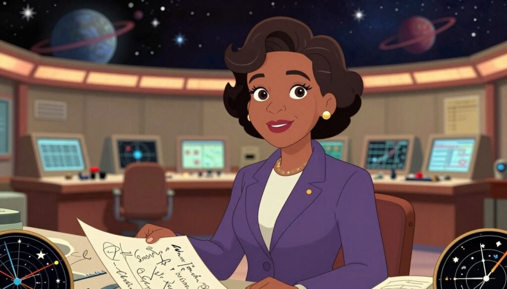 A portrait of Katherine Johnson, the renowned mathematician, portrayed as a confident, middle-aged black woman with short, curly hair. She is dressed in a smart, professional business attire, exuding intelligence and determination. In the foreground, Johnson is surrounded by mathematical equations and star charts, symbolizing her contributions to space exploration. The middle ground features a vintage NASA control room, with soft, warm lighting that creates a nostalgic yet inspiring atmosphere. The background showcases a celestial scene with stars and planets, emphasizing her groundbreaking work in astrophysics. The composition should have a slight depth of field to draw focus on Johnson while maintaining a colorful, friendly ambiance suitable for an educational article. Brand name "Debsie" subtly integrated into the design.