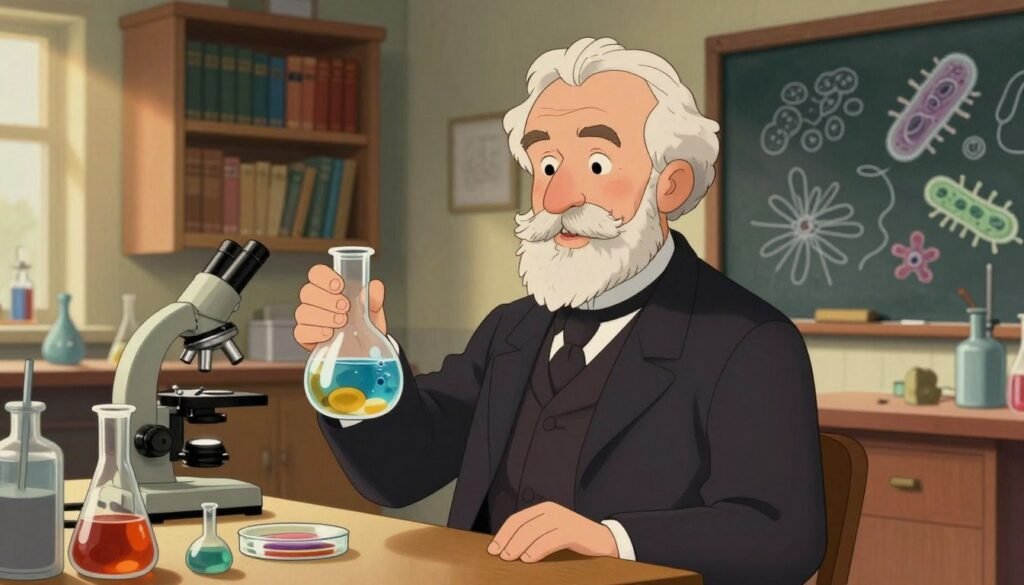 A portrait of Louis Pasteur, a distinguished French scientist, set in a well-lit laboratory filled with vintage scientific equipment. In the foreground, Pasteur is depicted in a professional suit, with a warm, approachable expression, as he holds a glass flask, symbolizing his groundbreaking work in microbiology. In the middle ground, various glassware, petri dishes, and a microscope hint at his revolutionary experiments. The background features bookshelves filled with scientific literature and a chalkboard with sketches of bacteria and germs, creating an atmosphere of discovery and innovation. The lighting is soft and warm, casting gentle shadows that enhance the scholarly mood. The overall tone is colorful and inviting, capturing the essence of scientific curiosity and achievement. Art by Debsie.