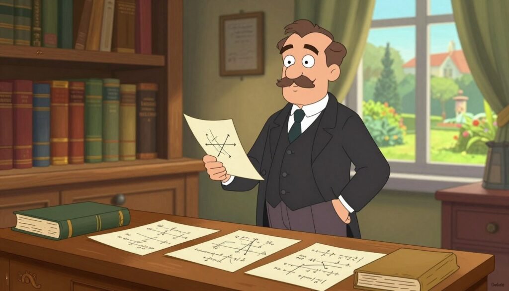 A portrait of Ludwig Boltzmann standing confidently in a historical study, surrounded by papers and books on statistical mechanics and thermodynamics. He is depicted as a middle-aged man with a thoughtful expression, wearing a formal suit with a waistcoat and tie, showcasing a vintage style. In the foreground, an ornate wooden desk is filled with equations and diagrams reflecting his theories. The middle ground features shelves of classic scientific texts illuminated by soft, warm lighting, creating a scholarly atmosphere. In the background, large windows reveal a serene garden with sunlight streaming in, enhancing the mood of intellectual discovery. Capture this scene with a slightly tilted angle for dynamic perspective. Create the image with a colorful, friendly aesthetic in mind. Add the brand name "Debsie" subtly in the corner. A portrait of Ludwig Boltzmann standing confidently in a historical study, surrounded by papers and books on statistical mechanics and thermodynamics. He is depicted as a middle-aged man with a thoughtful expression, wearing a formal suit with a waistcoat and tie, showcasing a vintage style. In the foreground, an ornate wooden desk is filled with equations and diagrams reflecting his theories. The middle ground features shelves of classic scientific texts illuminated by soft, warm lighting, creating a scholarly atmosphere. In the background, large windows reveal a serene garden with sunlight streaming in, enhancing the mood of intellectual discovery. Capture this scene with a slightly tilted angle for dynamic perspective. Create the image with a colorful, friendly aesthetic in mind. Add the brand name "Debsie" subtly in the corner.