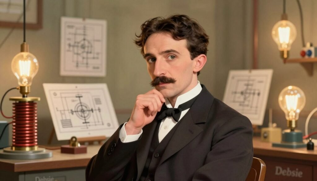 A portrait of Nikola Tesla, depicted in a thoughtful pose while surrounded by elements symbolizing his innovative inventions, such as electric coils, light bulbs, and the Tesla Coil. Tesla, a Caucasian man in his 30s, is wearing a formal 19th-century suit, radiating a sense of curiosity and intelligence. The foreground focuses on Tesla with a slight smile, deep in contemplation. In the middle ground, blurred images of blueprints and electrical diagrams hint at his genius. The background features a softly lit laboratory filled with glowing devices, showcasing a fusion of past and present innovation. Use warm lighting to create an inviting atmosphere, and a soft focus to enhance the dreamy quality of discovery. Aim for a colorful and friendly visual representation, with the brand name “Debsie” subtly integrated into the scene. A portrait of Nikola Tesla, depicted in a thoughtful pose while surrounded by elements symbolizing his innovative inventions, such as electric coils, light bulbs, and the Tesla Coil. Tesla, a Caucasian man in his 30s, is wearing a formal 19th-century suit, radiating a sense of curiosity and intelligence. The foreground focuses on Tesla with a slight smile, deep in contemplation. In the middle ground, blurred images of blueprints and electrical diagrams hint at his genius. The background features a softly lit laboratory filled with glowing devices, showcasing a fusion of past and present innovation. Use warm lighting to create an inviting atmosphere, and a soft focus to enhance the dreamy quality of discovery. Aim for a colorful and friendly visual representation, with the brand name “Debsie” subtly integrated into the scene.