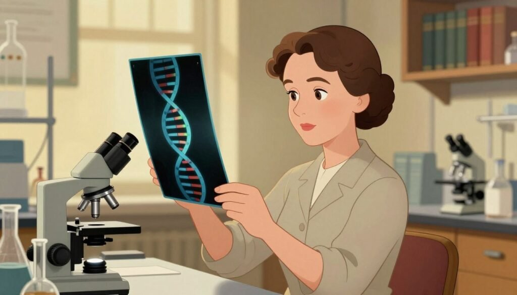 A portrait of Rosalind Franklin, a pioneering scientist known for her groundbreaking work on DNA, depicted in a vintage laboratory setting. In the foreground, she stands confidently, wearing modest professional attire, focusing intently on an x-ray diffraction image of DNA. The middle ground showcases lab equipment, including microscopes and glassware, hinting at her meticulous research methods. The background features soft, warm lighting that illuminates the scene, creating an inspiring atmosphere, with shelves lined with scientific books. The image should embody a sense of determination and intellect, highlighting her significant contributions to science. The composition should be colorful yet minimal, emphasizing Rosalind's role as a brilliant mind in history. Debsie.