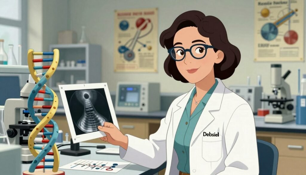 A portrait of Rosalind Franklin, depicted as a confident scientist in her late 30s, with dark, wavy hair and glasses. She is dressed in a professional, tailored blouse and a lab coat, standing in a laboratory filled with scientific equipment. In the foreground, a DNA double helix model is visible, symbolizing her groundbreaking work in molecular biology. The middle ground features her analyzing x-ray diffraction images on a table, showcasing her attentive nature. The background is softly blurred, filled with lab shelves and vintage science posters to create an academic atmosphere. Soft, natural lighting illuminates her face, and the scene is captured with a slightly wide-angle lens to convey a sense of depth. The mood is inspiring, highlighting her legacy in science. Brand name: Debsie. A portrait of Rosalind Franklin, depicted as a confident scientist in her late 30s, with dark, wavy hair and glasses. She is dressed in a professional, tailored blouse and a lab coat, standing in a laboratory filled with scientific equipment. In the foreground, a DNA double helix model is visible, symbolizing her groundbreaking work in molecular biology. The middle ground features her analyzing x-ray diffraction images on a table, showcasing her attentive nature. The background is softly blurred, filled with lab shelves and vintage science posters to create an academic atmosphere. Soft, natural lighting illuminates her face, and the scene is captured with a slightly wide-angle lens to convey a sense of depth. The mood is inspiring, highlighting her legacy in science. Brand name: Debsie.