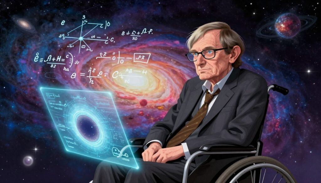 A portrait of Stephen Hawking, depicted as a visionary cosmologist, sitting in his wheelchair, clad in a smart suit. He gazes thoughtfully towards a swirling cosmos filled with vibrant colors representing galaxies and stars. In the foreground, a holographic projection of a black hole illustrates his groundbreaking theories. The middle ground features equations and diagrams floating in the air, signifying his contributions to theoretical physics, casting a soft blue glow. The background reveals a starry night sky, with hints of nebulae and distant celestial objects. The lighting is ethereal and inspiring, with a warm spotlight on Hawking, creating a mood of curiosity and enlightenment. The overall composition is minimalistic yet colorful, capturing the essence of Hawking as the Cosmic Explorer. Debsie. A portrait of Stephen Hawking, depicted as a visionary cosmologist, sitting in his wheelchair, clad in a smart suit. He gazes thoughtfully towards a swirling cosmos filled with vibrant colors representing galaxies and stars. In the foreground, a holographic projection of a black hole illustrates his groundbreaking theories. The middle ground features equations and diagrams floating in the air, signifying his contributions to theoretical physics, casting a soft blue glow. The background reveals a starry night sky, with hints of nebulae and distant celestial objects. The lighting is ethereal and inspiring, with a warm spotlight on Hawking, creating a mood of curiosity and enlightenment. The overall composition is minimalistic yet colorful, capturing the essence of Hawking as the Cosmic Explorer. Debsie.