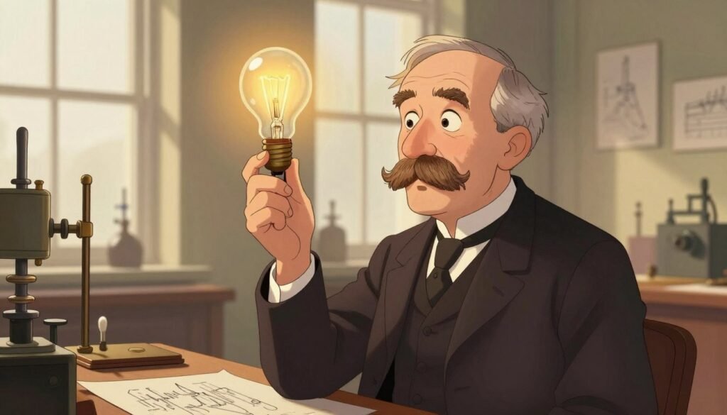 A portrait of Thomas Edison, capturing him in a thoughtful pose, as he studies a light bulb in his laboratory. In the foreground, Edison's expressive face, adorned with a distinctive mustache, showcases his deep concentration and intelligence. He is dressed in a formal dark suit, indicative of the late 19th century. The middle ground features vintage lab equipment and sketches of his inventions scattered about, creating an atmosphere of innovation and creativity. In the background, large windows allow soft, warm sunlight to flood the room, casting gentle shadows, enhancing the historical ambiance. The overall mood is inspiring and reflective, symbolizing the transformative spirit of the Industrial Revolution. The image is colorful and friendly, designed to highlight Edison's critical contributions. Debsie.