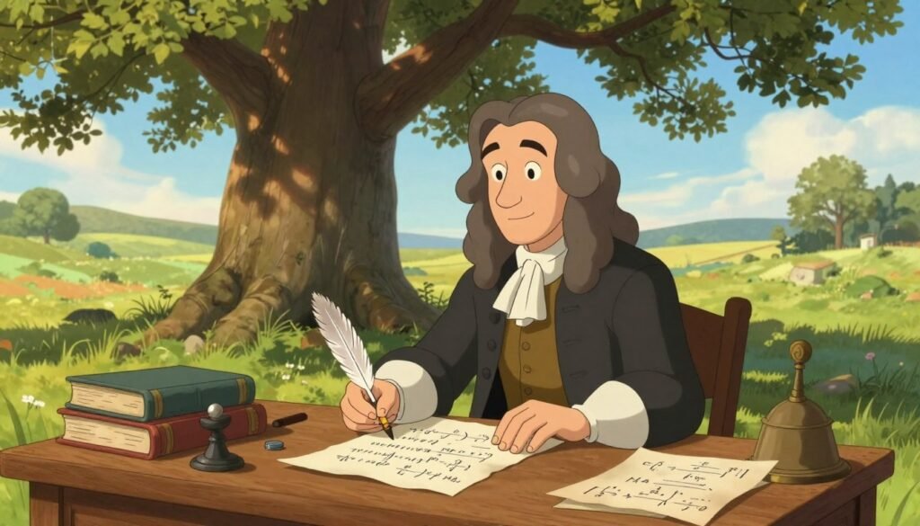 A portrait of a young Isaac Newton at twenty-three, immersed in the study of calculus under a large oak tree in a serene, sunlit meadow. In the foreground, Newton sits at a wooden desk, quill in hand, surrounded by parchment filled with mathematical equations. His attire is modest, consisting of a simple yet elegant 17th-century frock coat. In the middle ground, books and scientific instruments are scattered around, illustrating his groundbreaking ideas. The background features a soft-focus image of a tranquil landscape, with gentle hills and a clear blue sky. The lighting is warm and inviting, creating a sense of inspiration and genius. The atmosphere is peaceful yet filled with an air of discovery, capturing the essence of a young prodigy's miracle year. Debsie.