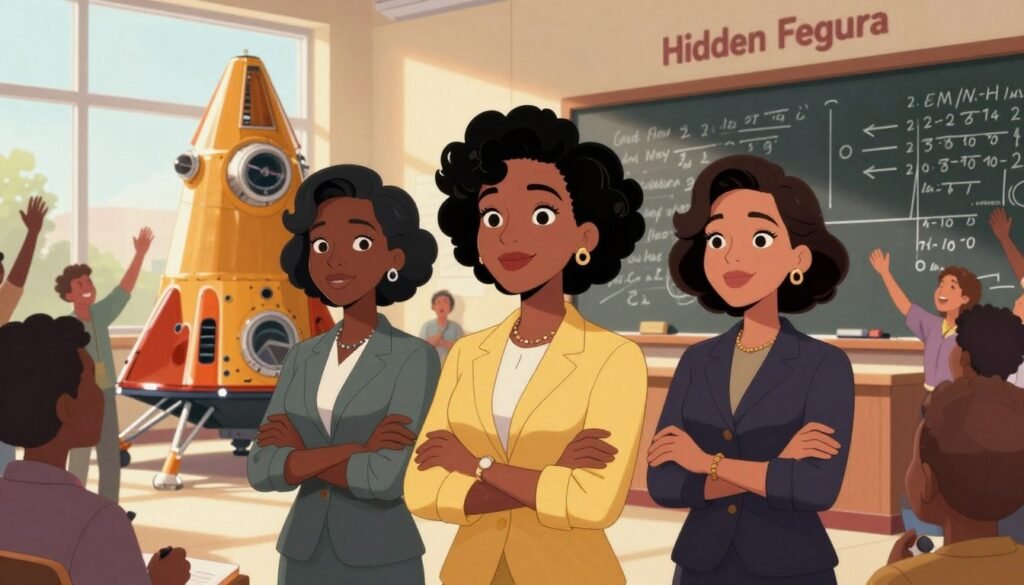 A powerful scene illustrating the cultural impact of "Hidden Figures." In the foreground, three women of African descent in professional business attire, inspired by Katherine Johnson, Dorothy Vaughan, and Mary Jackson, stand proudly together. They exude confidence and determination, with subtle smiles, symbolizing their groundbreaking contributions to NASA. In the middle ground, a vintage NASA spacecraft and a large blackboard filled with complex calculations, representing the intersection of science and culture. The background showcases a diverse crowd of people, celebrating their achievements with joy and admiration. Bright, uplifting colors create a warm atmosphere, with sunlight streaming through a large window, symbolizing hope and inspiration. The image embodies resilience and the breaking of barriers in the field of space exploration, branded with "Debsie" in a small, unobtrusive manner. A powerful scene illustrating the cultural impact of "Hidden Figures." In the foreground, three women of African descent in professional business attire, inspired by Katherine Johnson, Dorothy Vaughan, and Mary Jackson, stand proudly together. They exude confidence and determination, with subtle smiles, symbolizing their groundbreaking contributions to NASA. In the middle ground, a vintage NASA spacecraft and a large blackboard filled with complex calculations, representing the intersection of science and culture. The background showcases a diverse crowd of people, celebrating their achievements with joy and admiration. Bright, uplifting colors create a warm atmosphere, with sunlight streaming through a large window, symbolizing hope and inspiration. The image embodies resilience and the breaking of barriers in the field of space exploration, branded with "Debsie" in a small, unobtrusive manner.