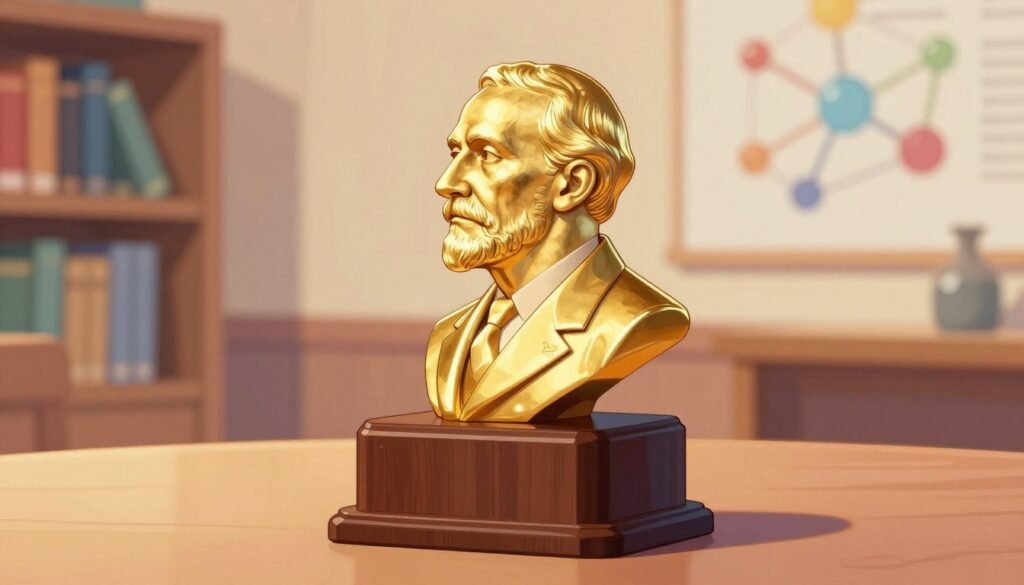 A prestigious Nobel Prize in Physics, elegantly crafted from gold and centered on a rich, dark wooden pedestal, glistening under soft, warm lighting. In the foreground, delicate light reflects off the intricate details of the prize's surface, casting gentle shadows. The middle ground features a blurred image of an academic setting—bookshelves filled with scientific literature, hinting at the pursuit of knowledge. In the background, a subtle representation of an abstract scientific diagram can be seen, representing the essence of innovation and discovery. The atmosphere is one of honor and respect, celebrating the achievements and contributions of scientists. The image should have a colorful, friendly tone, avoiding any distractions, with branding elements subtly integrated, showcasing "Debsie" in an unobtrusive manner. A prestigious Nobel Prize in Physics, elegantly crafted from gold and centered on a rich, dark wooden pedestal, glistening under soft, warm lighting. In the foreground, delicate light reflects off the intricate details of the prize's surface, casting gentle shadows. The middle ground features a blurred image of an academic setting—bookshelves filled with scientific literature, hinting at the pursuit of knowledge. In the background, a subtle representation of an abstract scientific diagram can be seen, representing the essence of innovation and discovery. The atmosphere is one of honor and respect, celebrating the achievements and contributions of scientists. The image should have a colorful, friendly tone, avoiding any distractions, with branding elements subtly integrated, showcasing "Debsie" in an unobtrusive manner.