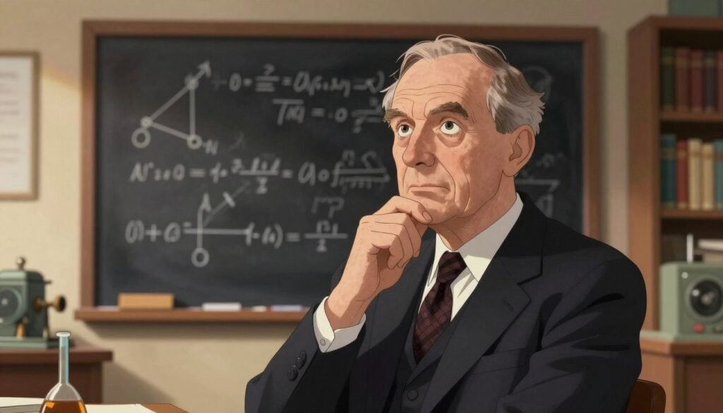 A professional depiction of Paul Dirac, the renowned British physicist, in thoughtful contemplation about quantum mechanics. In the foreground, Dirac is wearing a tailored dark suit, with a crisp white shirt and a subtle patterned tie, embodying a scholarly demeanor. His wise gaze should reflect curiosity and intelligence. In the middle ground, a blackboard filled with quantum equations and diagrams takes center stage, accentuating his groundbreaking contributions to physics. The background features a softly-lit academic setting, filled with bookshelves and vintage scientific instruments, glowing warmly to create an inviting and intellectual atmosphere. The lighting should be soft and natural, resembling a classroom or study, with a slight vignette around the edges to draw focus. The image should convey a sense of reverence for science and innovation. Debsie. A professional depiction of Paul Dirac, the renowned British physicist, in thoughtful contemplation about quantum mechanics. In the foreground, Dirac is wearing a tailored dark suit, with a crisp white shirt and a subtle patterned tie, embodying a scholarly demeanor. His wise gaze should reflect curiosity and intelligence. In the middle ground, a blackboard filled with quantum equations and diagrams takes center stage, accentuating his groundbreaking contributions to physics. The background features a softly-lit academic setting, filled with bookshelves and vintage scientific instruments, glowing warmly to create an inviting and intellectual atmosphere. The lighting should be soft and natural, resembling a classroom or study, with a slight vignette around the edges to draw focus. The image should convey a sense of reverence for science and innovation. Debsie.