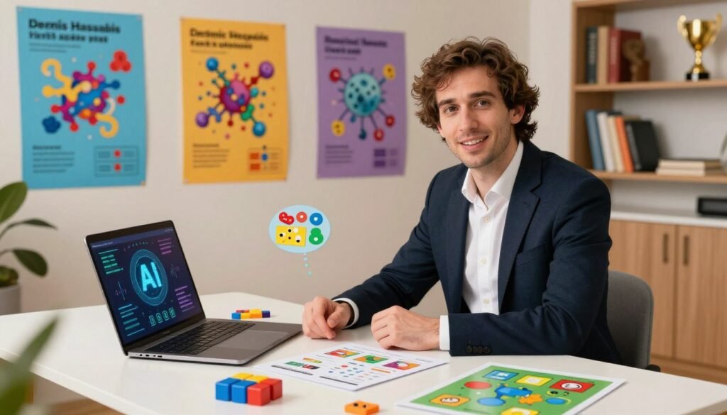 A professional, engaging image of a man representing Demis Hassabis, the AI scientist, seated at a modern desk filled with educational tools and vibrant gamified learning materials. He wears smart business attire, exuding a sense of innovation and leadership. In the foreground, a sleek laptop displays interactive AI visualizations, while colorful game pieces and educational charts surround him, emphasizing a playful learning environment. The middle ground features bright educational posters related to AI and protein prediction on the walls. The background is softly blurred with shelves of books and trophies, conveying a sense of achievement and focus on education. The lighting is warm and inviting, providing a friendly atmosphere, with a slightly high-angle view that captures both the subject and the engaging educational elements. Include trademark branding elements of "Debsie" subtly in the design.