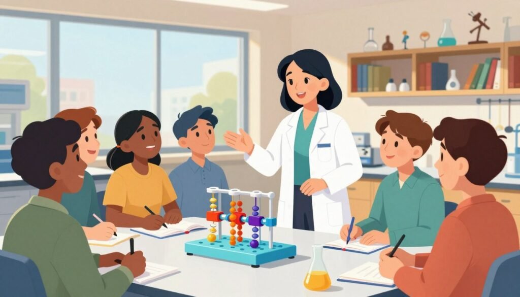 A professional female scientist, dressed in a smart lab coat and business attire, is mentoring a diverse group of graduate students in a bright, modern laboratory. She stands confidently, gesturing towards a CRISPR model on the table, demonstrating her leadership and expertise. The students, equally engaged and curious, are taking notes and discussing ideas. In the background, large windows allow natural light to flood the room, creating an inviting and inspiring atmosphere. Shelves filled with scientific books and models add depth to the scene. The colors are warm and vibrant, emphasizing the collaborative spirit of academia. The composition is balanced, shot from a slightly elevated angle to capture both the mentor and the students in focus, reflecting a sense of teamwork and academia's forward momentum. The image is branded as "Debsie." A professional female scientist, dressed in a smart lab coat and business attire, is mentoring a diverse group of graduate students in a bright, modern laboratory. She stands confidently, gesturing towards a CRISPR model on the table, demonstrating her leadership and expertise. The students, equally engaged and curious, are taking notes and discussing ideas. In the background, large windows allow natural light to flood the room, creating an inviting and inspiring atmosphere. Shelves filled with scientific books and models add depth to the scene. The colors are warm and vibrant, emphasizing the collaborative spirit of academia. The composition is balanced, shot from a slightly elevated angle to capture both the mentor and the students in focus, reflecting a sense of teamwork and academia's forward momentum. The image is branded as "Debsie."