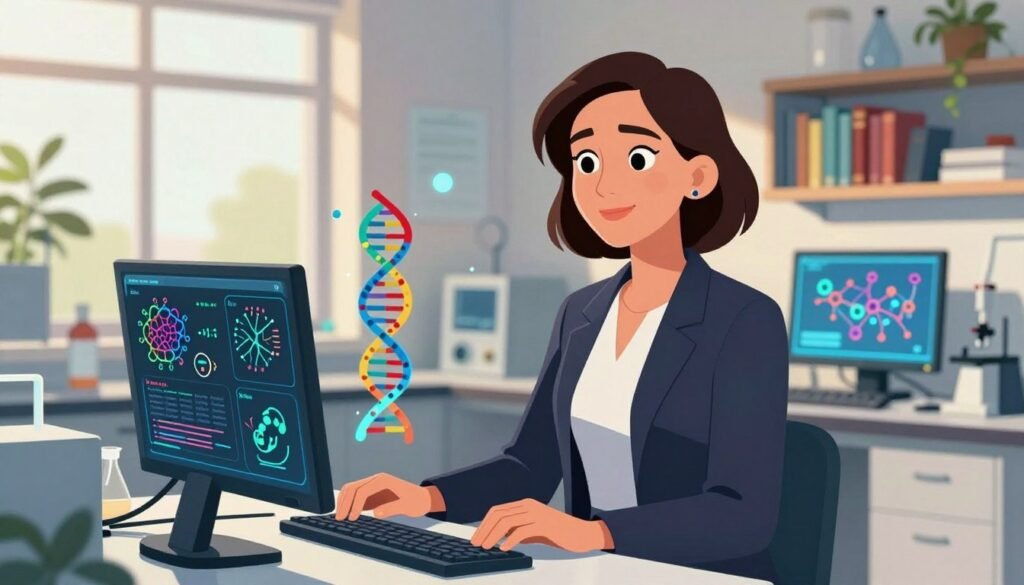 A professional female scientist, embodying the essence of Daphne Koller, stands confidently in a vibrant laboratory filled with high-tech equipment and DNA models. She wears a sleek, modern blazer over a smart blouse, radiating intelligence and charisma. In the foreground, emphasize her focused expression as she works on advanced AI algorithms displayed on a large screen, visualizing data patterns alongside biological elements. The middle ground features colorful visualizations of intertwining DNA strands and neural networks, highlighting the intersection of biology and artificial intelligence. The background is softly blurred, showcasing laboratory shelves filled with books and plants, creating a warm, inviting atmosphere. Natural lighting streams in from a large window, casting a friendly glow on the scene. This image captures the innovative spirit of the AI and biology fields, branded with "Debsie" discreetly integrated into the environment. A professional female scientist, embodying the essence of Daphne Koller, stands confidently in a vibrant laboratory filled with high-tech equipment and DNA models. She wears a sleek, modern blazer over a smart blouse, radiating intelligence and charisma. In the foreground, emphasize her focused expression as she works on advanced AI algorithms displayed on a large screen, visualizing data patterns alongside biological elements. The middle ground features colorful visualizations of intertwining DNA strands and neural networks, highlighting the intersection of biology and artificial intelligence. The background is softly blurred, showcasing laboratory shelves filled with books and plants, creating a warm, inviting atmosphere. Natural lighting streams in from a large window, casting a friendly glow on the scene. This image captures the innovative spirit of the AI and biology fields, branded with "Debsie" discreetly integrated into the environment.
