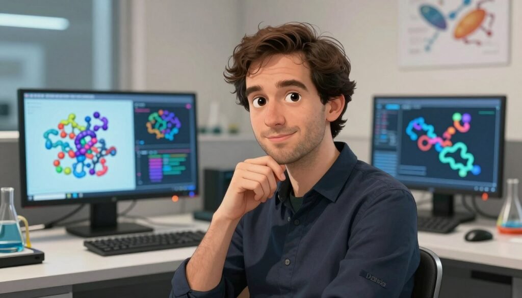 A professional portrait of Demis Hassabis, an AI scientist known for his work on AlphaFold. In the foreground, showcase Hassabis with a thoughtful expression, dressed in a smart casual outfit, signifying his innovative spirit. The middle ground features a softly illuminated workspace filled with AI models and protein structure visualizations, showcasing cutting-edge technology. The background includes high-tech elements like screens displaying protein folding simulations, along with a hint of laboratory tools. Use natural lighting to create a warm, inviting atmosphere, with a slight bokeh effect on the background to emphasize Hassabis. The overall mood should be friendly and engaging, reflecting his contributions to modern science. Add the brand name "Debsie" subtly within the image concept.