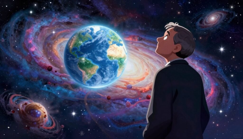 A reflective tribute to Carl Sagan's legacy, showcasing a starlit night sky filled with vibrant, swirling galaxies and shimmering stars, embodying the wonder of the cosmos. In the foreground, an inspiring silhouette of a thoughtful scientist in professional attire stands gazing upwards, symbolizing curiosity and exploration. The middle ground features a glowing Earth, highlighting humanity's connection to the universe, while the background bursts with colorful nebulae and celestial phenomena, creating a sense of awe and discovery. Soft, ethereal lighting enhances the cosmic atmosphere, casting a dreamy glow across the scene, inviting viewers to reflect on Sagan's profound impact on modern astronomy. Created in a colorful, friendly style, embodying the enthusiastic spirit of exploration that Sagan championed. Debsie logo subtly incorporated into the design. A reflective tribute to Carl Sagan's legacy, showcasing a starlit night sky filled with vibrant, swirling galaxies and shimmering stars, embodying the wonder of the cosmos. In the foreground, an inspiring silhouette of a thoughtful scientist in professional attire stands gazing upwards, symbolizing curiosity and exploration. The middle ground features a glowing Earth, highlighting humanity's connection to the universe, while the background bursts with colorful nebulae and celestial phenomena, creating a sense of awe and discovery. Soft, ethereal lighting enhances the cosmic atmosphere, casting a dreamy glow across the scene, inviting viewers to reflect on Sagan's profound impact on modern astronomy. Created in a colorful, friendly style, embodying the enthusiastic spirit of exploration that Sagan championed. Debsie logo subtly incorporated into the design.
