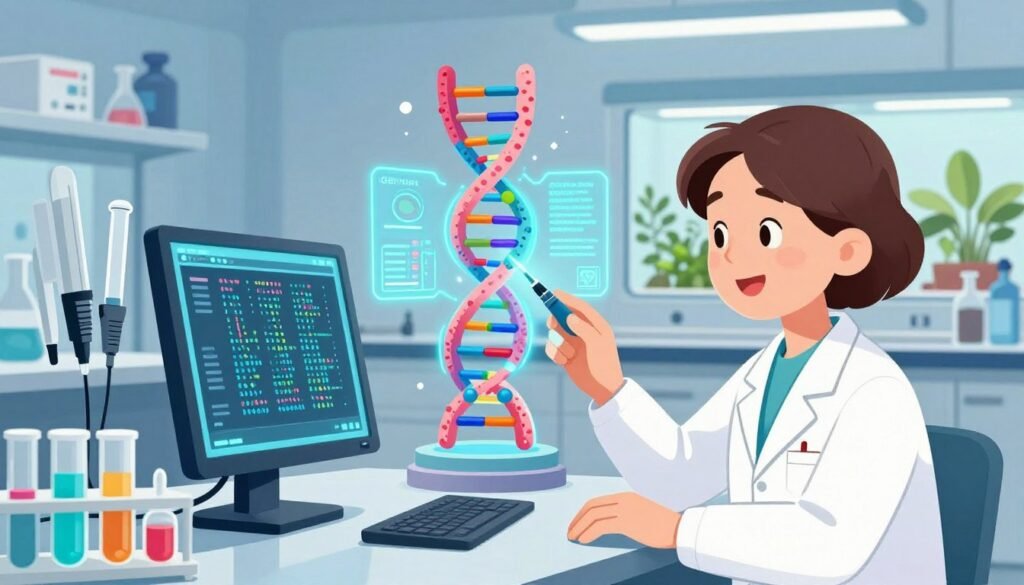 A representation of the CRISPR gene editing process, focusing on a futuristic laboratory setting. In the foreground, a hands-on scientist in professional attire observes a computer screen displaying genetic sequences, surrounded by high-tech pipettes and vials filled with colorful solutions. In the middle ground, a 3D model of a DNA strand is visibly edited with bright graphical interfaces showing the CRISPR mechanism. In the background, shelves lined with scientific equipment and plants in growth chambers suggest ongoing research. The lighting is bright and clinical, enhancing the sense of innovation and discovery. This image should reflect the mood of excitement and advancement in genetic engineering, showcasing the pioneering work of Jennifer Doudna. The artwork should be colorful, friendly, and minimal, branded with "Debsie" subtly included in the design.