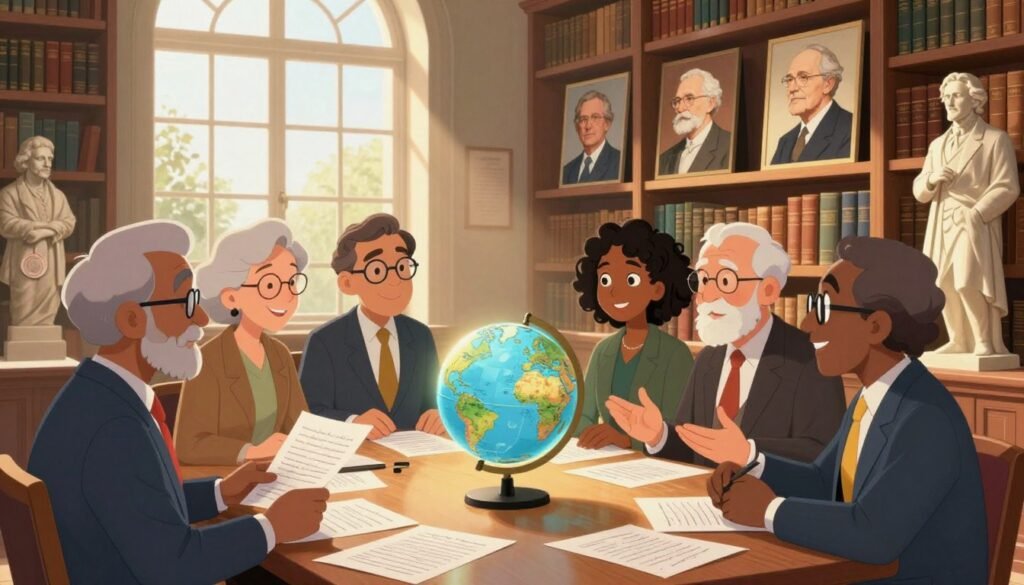 A scene depicting the legacy of Nobel Prize-winning scientists, set in a grand library filled with ancient books and iconic Nobel Prize statues. In the foreground, a diverse group of scientists of varying ages and ethnic backgrounds, dressed in professional business attire, engage in a lively discussion around a table strewn with scientific papers and a glowing globe. The middle shows shelves lined with portraits of past Nobel laureates, their achievements highlighted with soft, warm lighting. In the background, large windows allow sunlight to pour in, casting gentle shadows and creating a welcoming atmosphere. Capture a sense of respect and inspiration, emphasizing the profound impact of scientific discovery. The image should be bright and vivid, symbolizing knowledge and collaboration. Created by Debsie.