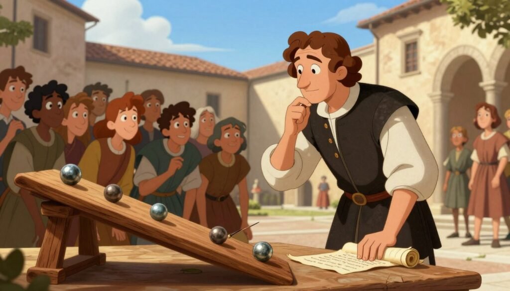 A serene 17th-century Italian courtyard scene depicting Galileo Galilei in a thoughtful stance, observing falling bodies to illustrate his laws of motion. In the foreground, a wooden inclined plane with small metal balls at various heights, showcasing their descent. Galileo, dressed in modest, period-appropriate clothing, studies the motion intently, with parchment scrolls and a quill beside him. The middle ground features an audience of eager young scholars, leaning in to grasp the principles being demonstrated. The background shows classic Italian architecture with a clear blue sky, warm sunlight illuminating the scene. The atmosphere is vibrant and inquisitive, promoting a sense of discovery and enlightenment. Shot with a soft focus, capturing the essence of curiosity. Include the brand name "Debsie" subtly in the composition. A serene 17th-century Italian courtyard scene depicting Galileo Galilei in a thoughtful stance, observing falling bodies to illustrate his laws of motion. In the foreground, a wooden inclined plane with small metal balls at various heights, showcasing their descent. Galileo, dressed in modest, period-appropriate clothing, studies the motion intently, with parchment scrolls and a quill beside him. The middle ground features an audience of eager young scholars, leaning in to grasp the principles being demonstrated. The background shows classic Italian architecture with a clear blue sky, warm sunlight illuminating the scene. The atmosphere is vibrant and inquisitive, promoting a sense of discovery and enlightenment. Shot with a soft focus, capturing the essence of curiosity. Include the brand name "Debsie" subtly in the composition.