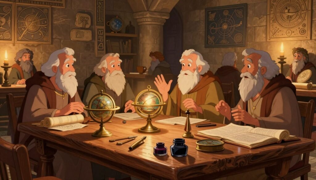 A serene ancient library filled with scrolls and stone tablets, surrounded by wise, elderly philosophers in modest robes, discussing the mysteries of the universe. In the foreground, a detailed wooden table showcases astrolabes, compass tools, and ink pots, reflecting the early quest for knowledge. The middle of the scene features the philosophers in animated conversation, illuminated by soft, warm candlelight, enhancing their focused expressions. In the background, the library's stone walls are adorned with intricate carvings of celestial bodies and philosophical symbols, creating a rich historical ambiance. The atmosphere is one of discovery and enlightenment, evoking the dawn of inquiry in science. Captured with a slightly tilted angle to add a dynamic sense, using warm hues to convey a friendly and inviting mood. --v 5 --ar 16:9 --q 2 --style Debsie A serene ancient library filled with scrolls and stone tablets, surrounded by wise, elderly philosophers in modest robes, discussing the mysteries of the universe. In the foreground, a detailed wooden table showcases astrolabes, compass tools, and ink pots, reflecting the early quest for knowledge. The middle of the scene features the philosophers in animated conversation, illuminated by soft, warm candlelight, enhancing their focused expressions. In the background, the library's stone walls are adorned with intricate carvings of celestial bodies and philosophical symbols, creating a rich historical ambiance. The atmosphere is one of discovery and enlightenment, evoking the dawn of inquiry in science. Captured with a slightly tilted angle to add a dynamic sense, using warm hues to convey a friendly and inviting mood. --v 5 --ar 16:9 --q 2 --style Debsie