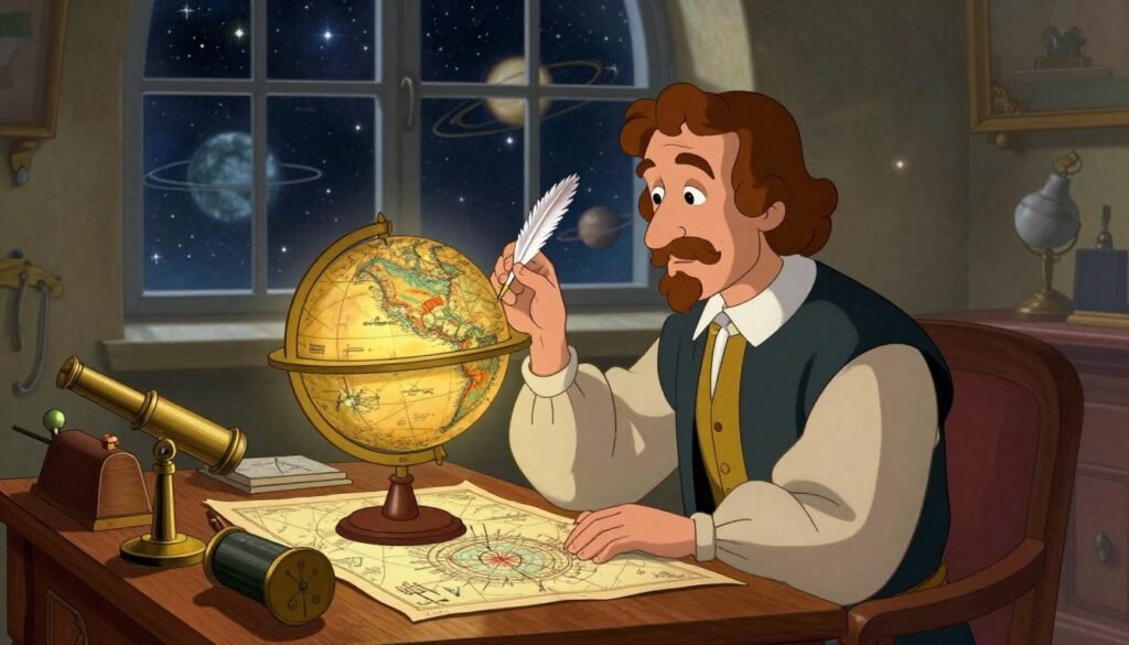 A serene and beautifully detailed depiction of Galileo Galilei in a study, embodying the essence of the scientific method. In the foreground, Galileo, dressed in modest yet professional early 17th-century attire, is depicted examining a celestial globe with a quill in hand, symbolizing inquiry and exploration. The middle ground features an ornate wooden desk cluttered with celestial charts, a telescope, and scientific instruments, all bathed in warm, inviting light. The background showcases a large window through which starlit skies and planets are visible, conveying a sense of wonder and discovery. The atmosphere is calm and intellectual, emphasizing a moment of critical thinking and innovation. Use vibrant colors to highlight the richness of the scene. Render with a soft focus, giving it a timeless quality. Branding prominently features "Debsie" in a subtle, tasteful manner. A serene and beautifully detailed depiction of Galileo Galilei in a study, embodying the essence of the scientific method. In the foreground, Galileo, dressed in modest yet professional early 17th-century attire, is depicted examining a celestial globe with a quill in hand, symbolizing inquiry and exploration. The middle ground features an ornate wooden desk cluttered with celestial charts, a telescope, and scientific instruments, all bathed in warm, inviting light. The background showcases a large window through which starlit skies and planets are visible, conveying a sense of wonder and discovery. The atmosphere is calm and intellectual, emphasizing a moment of critical thinking and innovation. Use vibrant colors to highlight the richness of the scene. Render with a soft focus, giving it a timeless quality. Branding prominently features "Debsie" in a subtle, tasteful manner.