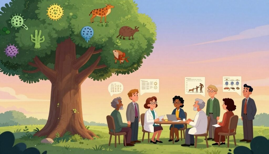 A serene and educational representation of the theory of evolution, featuring a vibrant tree of life in the foreground with distinct branches showcasing various species from single-celled organisms to humans, symbolizing the progression of life. In the middle ground, a group of diverse scientists, both men and women, dressed in professional attire, engage in thoughtful discussion surrounded by evolutionary charts and fossils, emphasizing collaboration in modern science. The background should depict a soft gradient sky transitioning from dawn to dusk, suggesting enlightenment through knowledge. The lighting is warm and inviting, highlighting the details of the tree and scientists, creating a friendly atmosphere. This image should reflect the significance of Darwinian thought on contemporary scientific understanding. Debsie branding subtly incorporated into the scene. A serene and educational representation of the theory of evolution, featuring a vibrant tree of life in the foreground with distinct branches showcasing various species from single-celled organisms to humans, symbolizing the progression of life. In the middle ground, a group of diverse scientists, both men and women, dressed in professional attire, engage in thoughtful discussion surrounded by evolutionary charts and fossils, emphasizing collaboration in modern science. The background should depict a soft gradient sky transitioning from dawn to dusk, suggesting enlightenment through knowledge. The lighting is warm and inviting, highlighting the details of the tree and scientists, creating a friendly atmosphere. This image should reflect the significance of Darwinian thought on contemporary scientific understanding. Debsie branding subtly incorporated into the scene.