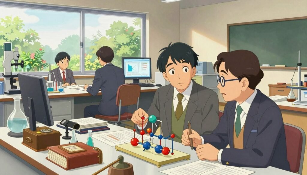 A serene and inspirational image depicting trailblazers in science, focusing on iconic Japanese scientists like Hideki Yukawa and Yoshinori Ohsumi in a collaborative laboratory setting. In the foreground, two scientists in professional business attire are engaged in an animated discussion over a complex scientific model. The middle layer features a cluttered workbench adorned with vintage scientific tools, journals, and a computer with graphs, symbolizing innovation. In the background, large windows allow natural light to flood the space, revealing a lush garden that signifies growth and discovery. The atmosphere is vibrant and intellectual, with a warm color palette suggesting creativity and teamwork. Captured with a wide-angle lens to emphasize collaboration, evoke a sense of purpose and admiration for their contributions to science. Designed by Debsie.