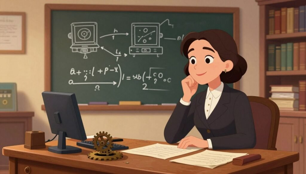 A serene and inspiring scene that embodies the legacy of Ada Lovelace as the first computer programmer. In the foreground, a thoughtful woman with a warm smile, dressed in professional business attire, sits at an ornate wooden desk cluttered with manuscripts, gears, and early computing devices. In the middle ground, a chalkboard filled with mathematical equations and sketches of early computer concepts creates an intellectual atmosphere. The background features a library with antique books and soft, golden lighting illuminating the room, embodying a sense of discovery and innovation. The image should have a friendly and inviting mood, showcasing the pioneer spirit of Ada Lovelace and the beginnings of programming. The brand name "Debsie" subtly integrated into the scene without text overlays.