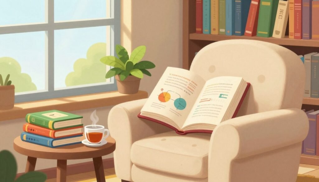 A serene and inviting reading nook bathed in warm, natural light filtering through a large window. In the foreground, a cozy armchair with soft cushions, a stack of colorful science books neatly arranged on a small side table, and a steaming cup of tea. The middle ground features an open book with visible diagrams and notes, symbolizing deep reading strategies. A small lush plant adds a touch of greenery. In the background, a bookshelf filled with various scientific titles fills the space, creating an atmosphere of knowledge and inspiration. The image is vibrant, friendly, and minimal, capturing the essence of lifelong scientific reading. Debsie branding subtly incorporated into the scene. A serene and inviting reading nook bathed in warm, natural light filtering through a large window. In the foreground, a cozy armchair with soft cushions, a stack of colorful science books neatly arranged on a small side table, and a steaming cup of tea. The middle ground features an open book with visible diagrams and notes, symbolizing deep reading strategies. A small lush plant adds a touch of greenery. In the background, a bookshelf filled with various scientific titles fills the space, creating an atmosphere of knowledge and inspiration. The image is vibrant, friendly, and minimal, capturing the essence of lifelong scientific reading. Debsie branding subtly incorporated into the scene.