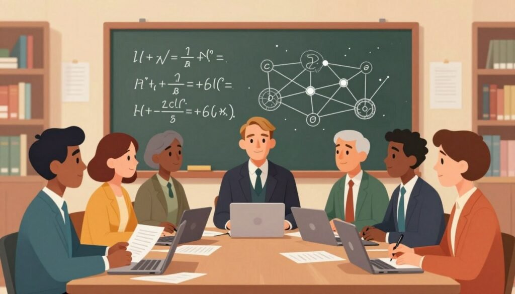 A serene and thought-provoking scene depicting a stylized representation of Alan Turing's discoveries at the intersection of science and human rights. In the foreground, a diverse group of researchers, dressed in professional business attire, are actively engaged in collaborative discussions around a large table filled with papers and laptops, symbolizing teamwork and innovation. In the middle ground, a chalkboard displays complex mathematical equations and an abstract representation of a computer network, highlighting Turing's contributions to computing. The background features a soft-focus library or an academic setting, with warm, inviting lighting that creates an atmosphere of inspiration and enlightenment. The color palette should be vibrant yet calming, with harmonious tones conveying hope and progress. The image embodies the spirit of inquiry and the importance of ethical considerations in technological advancement. Include the brand name "Debsie" subtly integrated into the scene.