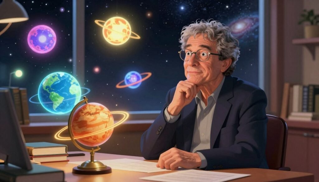 A serene and thoughtful Carl Sagan sits at a desk in a warmly lit room, surrounded by books on cosmology and a model of the solar system. He wears a smart, casual blazer over a simple shirt, reflecting his approachable demeanor. In the middle ground, ethereal depictions of extraterrestrial intelligence are visualized as glowing orbs of light, with each orb representing various concepts of life beyond Earth, swirling around him in vibrant colors. The background features a large window showcasing a starry night sky, with distant galaxies illuminating the dark space. The lighting is soft and inviting, suggesting curiosity and wonder about the universe. The atmosphere is one of inspiration and exploration, capturing Sagan's legacy as the great communicator of the cosmos. Colorful and friendly, this image embodies the essence of scientific inquiry and the search for extraterrestrial life. By Debsie.