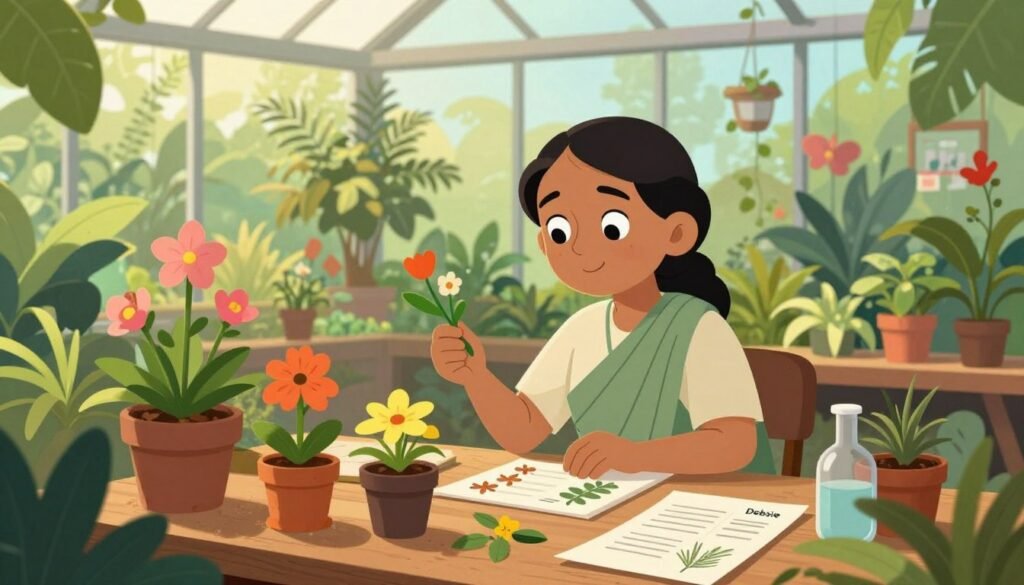 A serene botanical research scene featuring Dr. Janaki Ammal, an Indian botanist, as the central figure. In the foreground, she is dressed in modest professional attire, intently examining a vibrant array of flowering plants and specimens spread across a wooden table. The middle ground showcases lush greenery, with various tropical plants and research notes scattered around, highlighting her groundbreaking work. In the background, a sunlit greenhouse filled with diverse plant species creates a warm, inviting atmosphere. Soft, diffused lighting enhances the colors of the plants, casting gentle shadows. The scene captures a sense of curiosity and passion for science, embodying the spirit of a trailblazer in botany. The image should be colorful, friendly, and minimal, branded with "Debsie".