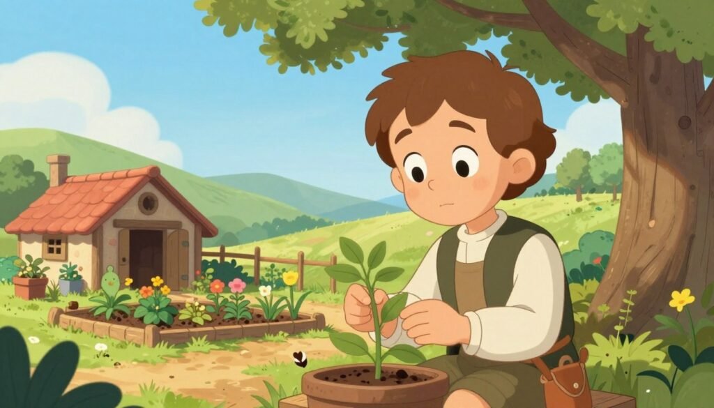 A serene countryside scene depicting the early life of Gregor Mendel, around the mid-19th century. In the foreground, a young Mendel, dressed in modest clothing suitable for a rural setting, is studying a plant specimen beneath a tree, with a look of curiosity and determination. In the middle ground, a small, rustic farm garden with various plants and flowers showcases the foundation of Mendel’s future scientific work. The background features gentle rolling hills and a clear blue sky, radiating warmth and optimism. Soft, natural lighting casts gentle shadows, highlighting Mendel’s focused expression. The image should evoke a feeling of tranquility and inspiration, perfect for illustrating the beginnings of a legendary scientist. The style should be colorful, helpful, and friendly, reflecting the brand "Debsie". A serene countryside scene depicting the early life of Gregor Mendel, around the mid-19th century. In the foreground, a young Mendel, dressed in modest clothing suitable for a rural setting, is studying a plant specimen beneath a tree, with a look of curiosity and determination. In the middle ground, a small, rustic farm garden with various plants and flowers showcases the foundation of Mendel’s future scientific work. The background features gentle rolling hills and a clear blue sky, radiating warmth and optimism. Soft, natural lighting casts gentle shadows, highlighting Mendel’s focused expression. The image should evoke a feeling of tranquility and inspiration, perfect for illustrating the beginnings of a legendary scientist. The style should be colorful, helpful, and friendly, reflecting the brand "Debsie".