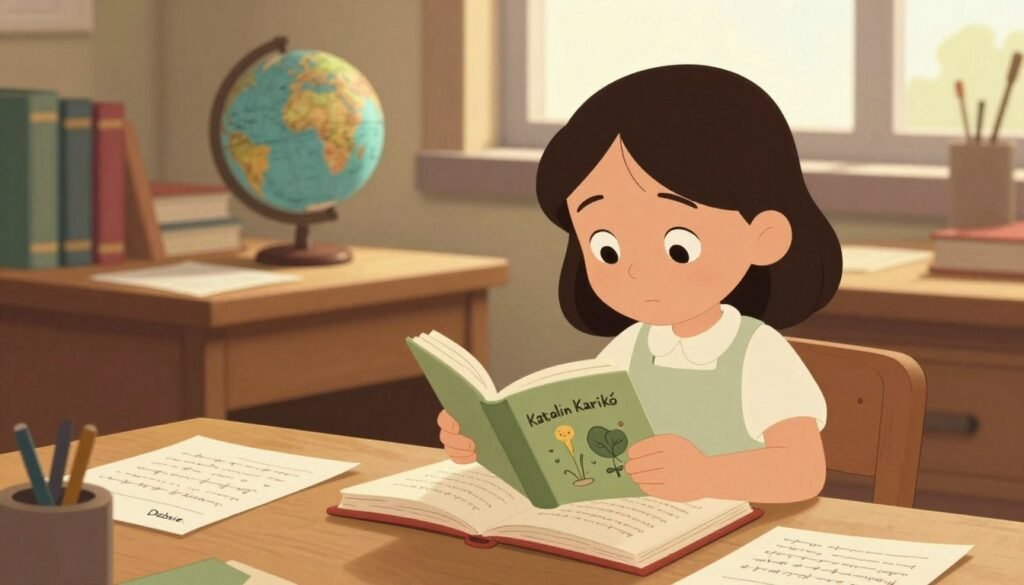 A serene depiction of Katalin Karikó during her early life, set in a cozy, modest study filled with books and scientific paraphernalia. In the foreground, a young girl with dark hair, wearing a simple dress, is immersed in reading a biology book, surrounded by handwritten notes. The middle layer features a wooden desk cluttered with papers and a small globe, illustrating her thirst for knowledge. In the background, a window lets in warm, soft light, casting gentle shadows, creating an inviting atmosphere of curiosity and learning. The overall mood is one of inspiration and determination, capturing the essence of her academic foundations. The scene is vibrant yet minimalistic, branded with the mark "Debsie."