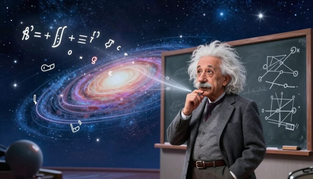 A serene, ethereal depiction of Albert Einstein in a dynamic pose, surrounded by floating equations and mathematical symbols that represent his revolutionary theories of space and time. In the foreground, Einstein stands thoughtfully with a chalkboard behind him, filled with sketches of the theory of relativity and spacetime diagrams, dressed in a modest, professional attire. The middle ground showcases an abstract representation of space, with swirling galaxies and bending light paths illustrating time dilation. In the background, a cosmic landscape of stars sparkles against a deep blue, starry sky. The lighting is soft and ethereal, evoking a sense of wonder and discovery, with a hint of digital art style to enhance the modern feel. This vibrant and friendly image reflects the imaginative essence of Einstein’s contributions to science, branded with "Debsie". A serene, ethereal depiction of Albert Einstein in a dynamic pose, surrounded by floating equations and mathematical symbols that represent his revolutionary theories of space and time. In the foreground, Einstein stands thoughtfully with a chalkboard behind him, filled with sketches of the theory of relativity and spacetime diagrams, dressed in a modest, professional attire. The middle ground showcases an abstract representation of space, with swirling galaxies and bending light paths illustrating time dilation. In the background, a cosmic landscape of stars sparkles against a deep blue, starry sky. The lighting is soft and ethereal, evoking a sense of wonder and discovery, with a hint of digital art style to enhance the modern feel. This vibrant and friendly image reflects the imaginative essence of Einstein’s contributions to science, branded with "Debsie".