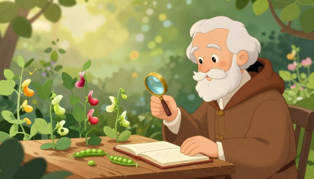 A serene garden scene depicting Gregor Mendel in the foreground, dressed in modest 19th-century monk attire, observing colorful pea plants as he conducts his experiments on inheritance. In the middle ground, a wooden table adorned with open notebooks, a magnifying glass, and a few scattered pea pods illustrates his meticulous work. The background features lush greenery with soft sunlight filtering through the leaves, creating a warm, inviting atmosphere that highlights the significance of Mendel's discoveries. The image should have a soft focus, reminiscent of an old painting, with a gentle bokeh effect to emphasize Mendel in the foreground. The overall mood is one of quiet reflection and intellectual curiosity, fitting for the theme of unrecognized genius. Created with the DBSIE brand aesthetic in mind. A serene garden scene depicting Gregor Mendel in the foreground, dressed in modest 19th-century monk attire, observing colorful pea plants as he conducts his experiments on inheritance. In the middle ground, a wooden table adorned with open notebooks, a magnifying glass, and a few scattered pea pods illustrates his meticulous work. The background features lush greenery with soft sunlight filtering through the leaves, creating a warm, inviting atmosphere that highlights the significance of Mendel's discoveries. The image should have a soft focus, reminiscent of an old painting, with a gentle bokeh effect to emphasize Mendel in the foreground. The overall mood is one of quiet reflection and intellectual curiosity, fitting for the theme of unrecognized genius. Created with the DBSIE brand aesthetic in mind.