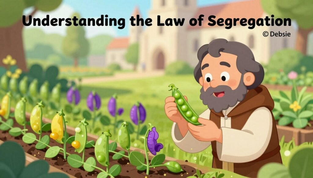 A serene garden scene showcasing Gregor Mendel's experiments with pea plants, vibrant green foliage surrounding him. In the foreground, Mendel, dressed in a modest monk's attire, meticulously examines pea pods, a joyful expression on his face, symbolizing curiosity and discovery. In the middle ground, rows of diverse pea plants in various colors—green, yellow, and purple—illustrate his Law of Segregation. The background features a softly blurred monastery, bathed in gentle sunlight, creating a warm atmosphere of enlightenment. The composition uses a soft focus lens to emphasize Mendel's dedication and the beauty of nature. This colorful, friendly image reflects the spirit of scientific exploration, designed for the title "Understanding the Law of Segregation." © Debsie A serene garden scene showcasing Gregor Mendel's experiments with pea plants, vibrant green foliage surrounding him. In the foreground, Mendel, dressed in a modest monk's attire, meticulously examines pea pods, a joyful expression on his face, symbolizing curiosity and discovery. In the middle ground, rows of diverse pea plants in various colors—green, yellow, and purple—illustrate his Law of Segregation. The background features a softly blurred monastery, bathed in gentle sunlight, creating a warm atmosphere of enlightenment. The composition uses a soft focus lens to emphasize Mendel's dedication and the beauty of nature. This colorful, friendly image reflects the spirit of scientific exploration, designed for the title "Understanding the Law of Segregation." © Debsie
