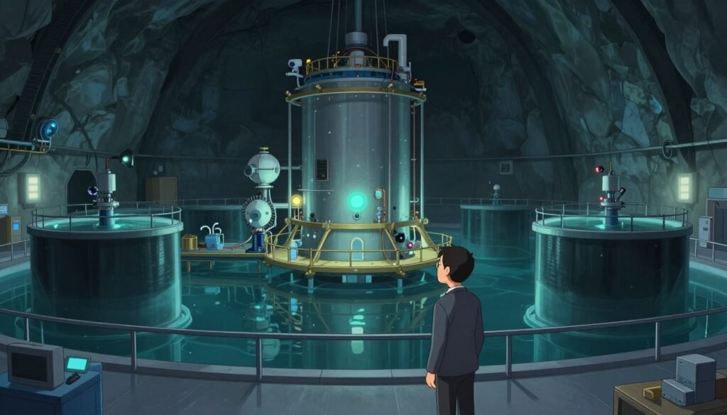 A serene indoor view of the Sudbury Neutrino Observatory, showcasing its massive underground detector setup surrounded by dark, illuminated water tanks. In the foreground, a researcher in professional business attire inspects the equipment, emphasizing a sense of exploration and discovery. The middle ground features large, glowing sensors and intricate wiring, reflecting a high-tech scientific environment. The background displays the cavernous space with dim, focused lighting casting dramatic shadows, accentuating the depth and mystery of the observatory. A subtle blue-green color palette creates a calm, contemplative mood, inviting viewers into the depths of neutrino research. The scene should capture the essence of scientific inquiry and innovation, designed by Debsie.