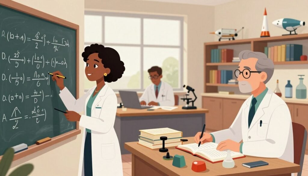 A serene, intellectual studio environment featuring a diverse group of three scientists deeply engaged in mathematical work, highlighting Katherine Johnson's legacy. In the foreground, two scientists, one Black woman in professional attire and one White man, intensely analyze complex equations sketched on a large chalkboard. The middle ground reveals open textbooks and various mathematical tools scattered across a wooden table, symbolizing precision and focus. The background shows shelves filled with books and models of spacecraft, emphasizing the theme of space exploration. Soft, natural lighting streams through a large window, creating a warm and inviting atmosphere. The overall mood is one of collaboration and concentration, embodying the essence of mathematical precision. Colorful accents and minimalist design elements subtly emphasize the scientific discipline. Brand name: Debsie. A serene, intellectual studio environment featuring a diverse group of three scientists deeply engaged in mathematical work, highlighting Katherine Johnson's legacy. In the foreground, two scientists, one Black woman in professional attire and one White man, intensely analyze complex equations sketched on a large chalkboard. The middle ground reveals open textbooks and various mathematical tools scattered across a wooden table, symbolizing precision and focus. The background shows shelves filled with books and models of spacecraft, emphasizing the theme of space exploration. Soft, natural lighting streams through a large window, creating a warm and inviting atmosphere. The overall mood is one of collaboration and concentration, embodying the essence of mathematical precision. Colorful accents and minimalist design elements subtly emphasize the scientific discipline. Brand name: Debsie.
