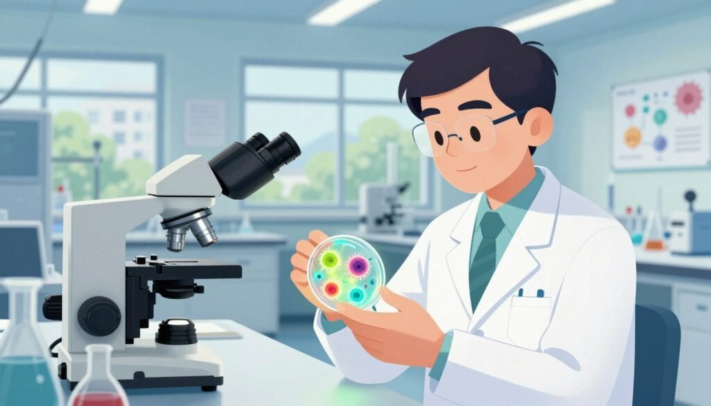 A serene laboratory environment showcasing a cutting-edge stem cell research scene. In the foreground, a well-dressed scientist in a crisp lab coat examines a Petri dish filled with vibrant, glowing stem cells, reflecting the promise of innovation. The middle ground features a high-tech microscope, intricate lab equipment, and colorful scientific charts on a spacious workspace. In the background, we see large windows flooding the room with natural light, illuminating the sterile space and providing a view of a lush green campus outside. The overall atmosphere conveys hope, dedication, and scientific progress, evoking Shinya Yamanaka's visionary contributions to the field. The scene is meticulously composed with soft lighting and a shallow depth of field to emphasize the foreground subject. This image captures the essence of modern science and the future of stem cell research. --v 5 --ar 16:9 --q 2 --style 4a --brand "Debsie"