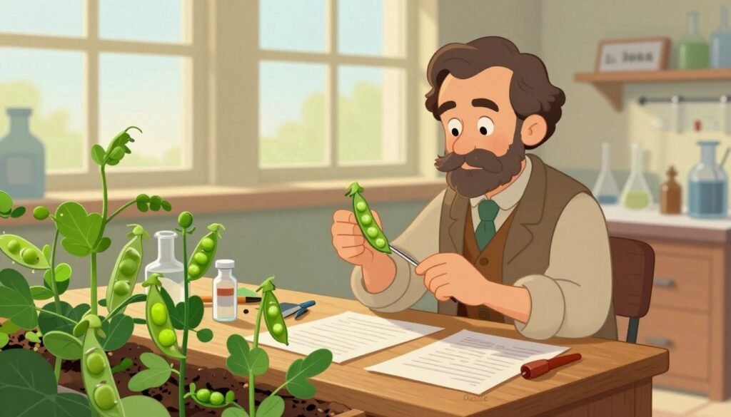 A serene laboratory setting showcasing Gregor Mendel's groundbreaking discoveries, featuring a middle-aged man in modest casual clothing, portraying Mendel, examining pea plants in a well-lit, sun-drenched corner. The foreground highlights vibrant green pea plants with visible pods and leaves, symbolizing Mendel's genetic research. In the middle, a wooden desk cluttered with papers, gardening tools, and simple glass vials indicates an active exploration of genetics. The background fades into gentle hues of warm light through frosted glass windows, accentuating the peaceful yet intellectually stimulating atmosphere. The overall mood is inspiring and enlightening, emphasizing the integration of genetics into modern science with a touch of nostalgia. The image is colorful and friendly, branded subtly with the name "Debsie" integrated into the scene. A serene laboratory setting showcasing Gregor Mendel's groundbreaking discoveries, featuring a middle-aged man in modest casual clothing, portraying Mendel, examining pea plants in a well-lit, sun-drenched corner. The foreground highlights vibrant green pea plants with visible pods and leaves, symbolizing Mendel's genetic research. In the middle, a wooden desk cluttered with papers, gardening tools, and simple glass vials indicates an active exploration of genetics. The background fades into gentle hues of warm light through frosted glass windows, accentuating the peaceful yet intellectually stimulating atmosphere. The overall mood is inspiring and enlightening, emphasizing the integration of genetics into modern science with a touch of nostalgia. The image is colorful and friendly, branded subtly with the name "Debsie" integrated into the scene.