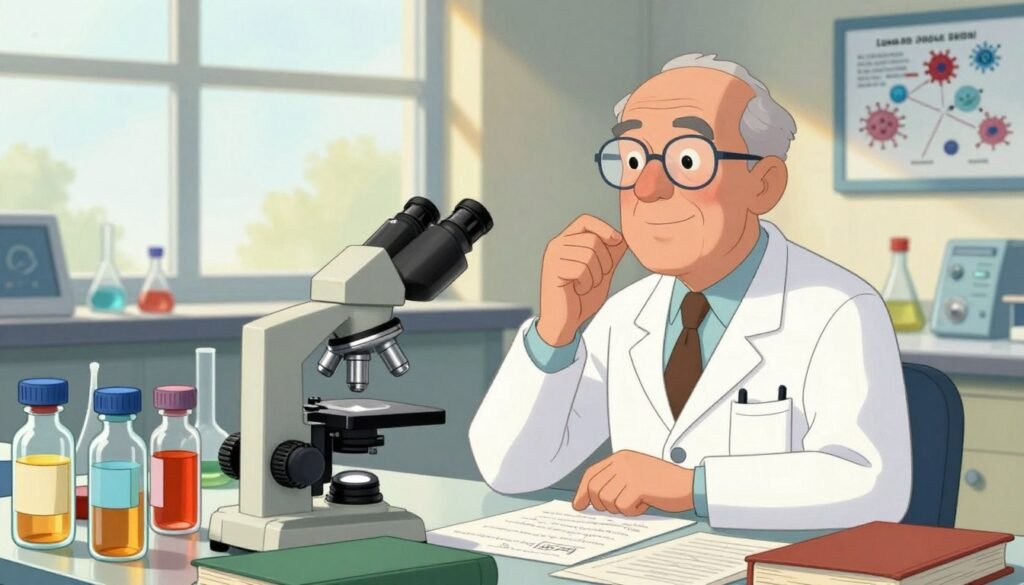 A serene laboratory setting showcasing Jonas Salk, a distinguished scientist in a lab coat, passionately researching the polio vaccine. He is surrounded by colorful glass vials filled with various vaccine samples and scientific equipment. In the foreground, a microscope and charts indicating viral structures are prominently displayed. The middle ground features Salk engaged in thought, with books and notes scattered on a table. The background reveals large windows with sunlight streaming in, creating a warm atmosphere filled with hope and innovation. The lighting is soft and natural, capturing a candid moment in scientific discovery. A subtle logo for "Debsie" is integrated into the corner. The overall mood is inspiring and educational, emphasizing Salk's dedication to eradicating polio. A serene laboratory setting showcasing Jonas Salk, a distinguished scientist in a lab coat, passionately researching the polio vaccine. He is surrounded by colorful glass vials filled with various vaccine samples and scientific equipment. In the foreground, a microscope and charts indicating viral structures are prominently displayed. The middle ground features Salk engaged in thought, with books and notes scattered on a table. The background reveals large windows with sunlight streaming in, creating a warm atmosphere filled with hope and innovation. The lighting is soft and natural, capturing a candid moment in scientific discovery. A subtle logo for "Debsie" is integrated into the corner. The overall mood is inspiring and educational, emphasizing Salk's dedication to eradicating polio.