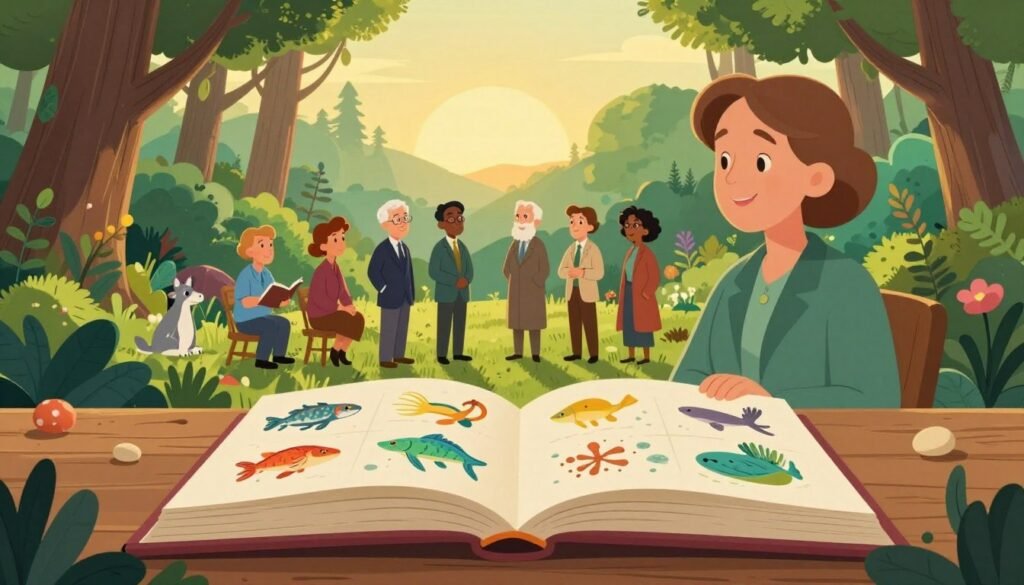 A serene landscape celebrating the legacy of Rachel Carson, featuring a lush, vibrant forest with a variety of flora and fauna, symbolizing ecological harmony. In the foreground, an open book lies on a wooden table, with pages gently turning in the breeze, showcasing illustrations of marine life and environmental science. In the middle ground, a diverse group of scientists in professional attire discusses among themselves, embodying the spirit of collaboration and innovation. The background features a soft sunrise casting warm golden light over the scene, evoking a sense of hope and renewal. The atmosphere is peaceful and inspiring, reflecting the impact of Carson's contributions to the environmental movement. The image should be colorful, helpful, and friendly, created in a realistic style, embodying the brand Debsie. A serene landscape celebrating the legacy of Rachel Carson, featuring a lush, vibrant forest with a variety of flora and fauna, symbolizing ecological harmony. In the foreground, an open book lies on a wooden table, with pages gently turning in the breeze, showcasing illustrations of marine life and environmental science. In the middle ground, a diverse group of scientists in professional attire discusses among themselves, embodying the spirit of collaboration and innovation. The background features a soft sunrise casting warm golden light over the scene, evoking a sense of hope and renewal. The atmosphere is peaceful and inspiring, reflecting the impact of Carson's contributions to the environmental movement. The image should be colorful, helpful, and friendly, created in a realistic style, embodying the brand Debsie.