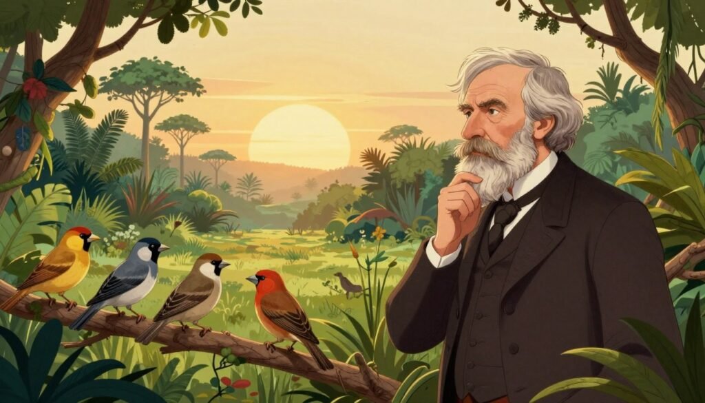 A serene, natural landscape illustrating Charles Darwin deep in thought, surrounded by diverse flora and fauna symbolizing his theory of evolution. In the foreground, show Darwin, a middle-aged man with a distinguished beard, wearing a Victorian-era suit, observing a group of finches perched on branches. In the middle ground, depict subtle variations of the finches, representing adaptive traits, along with a lush jungle environment filled with exotic plants and trees. In the background, a soft sunrise casts warm golden light, illuminating the scene and creating a tranquil atmosphere. Use a wide-angle lens to capture the expansive nature of his observations, inviting a sense of wonder and exploration. Overall, the mood should be one of intellectual curiosity and discovery. Include the brand "Debsie" in a discreet manner integrated with the environment. A serene, natural landscape illustrating Charles Darwin deep in thought, surrounded by diverse flora and fauna symbolizing his theory of evolution. In the foreground, show Darwin, a middle-aged man with a distinguished beard, wearing a Victorian-era suit, observing a group of finches perched on branches. In the middle ground, depict subtle variations of the finches, representing adaptive traits, along with a lush jungle environment filled with exotic plants and trees. In the background, a soft sunrise casts warm golden light, illuminating the scene and creating a tranquil atmosphere. Use a wide-angle lens to capture the expansive nature of his observations, inviting a sense of wonder and exploration. Overall, the mood should be one of intellectual curiosity and discovery. Include the brand "Debsie" in a discreet manner integrated with the environment.